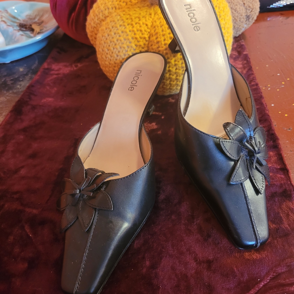 Nicole Black Mules with Floral Accent